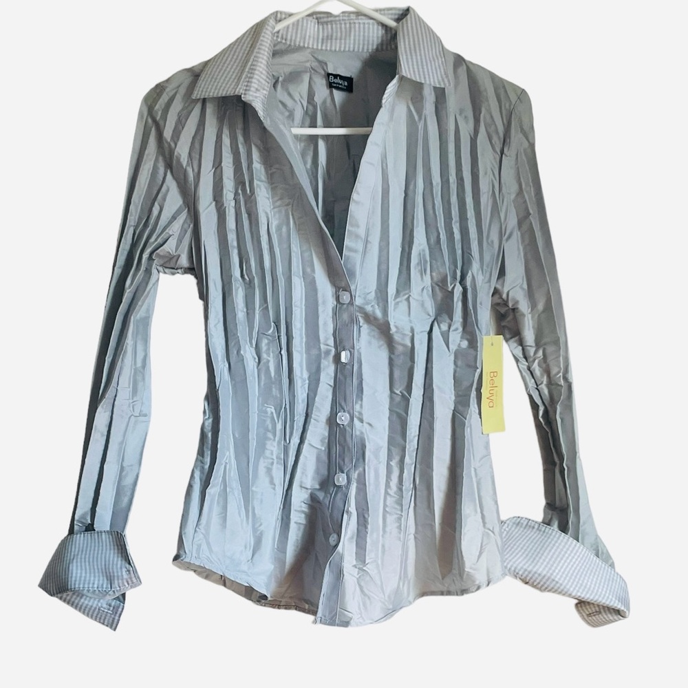 NWT Beluva San Francisco Top Small Taffeta Blouse Crinkle Pleat Button Platinum